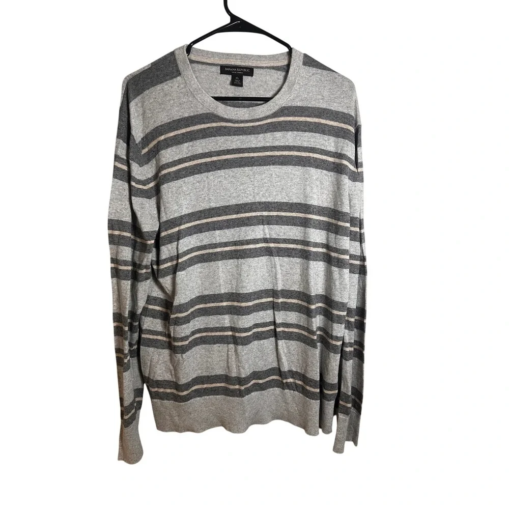 Banana Republic Mens XL Silk Linen‎ Striped Crew Neck Sweater Gray Tan Pullover